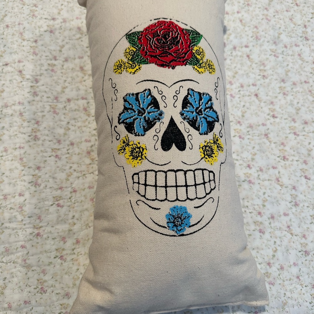 Maya Pickles decorative accent pillow featuring sugar skull art.  Made in USA.